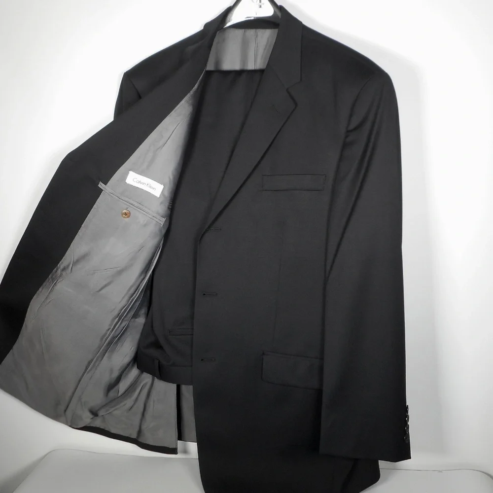 Calvin Klein Mens 43R Solid Black Suit 3 Button 100% Wool 40x30 Pant Flat XLNT